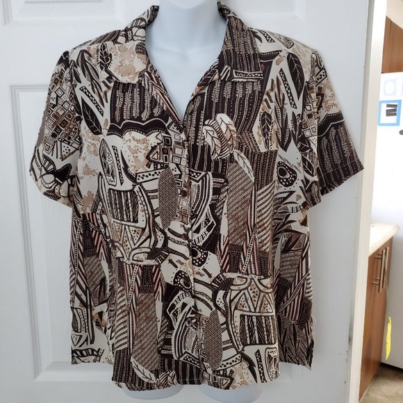 TRADITION Brown Black White Abstract Blouse Size 18 100% Polyester - Picture 1 of 4